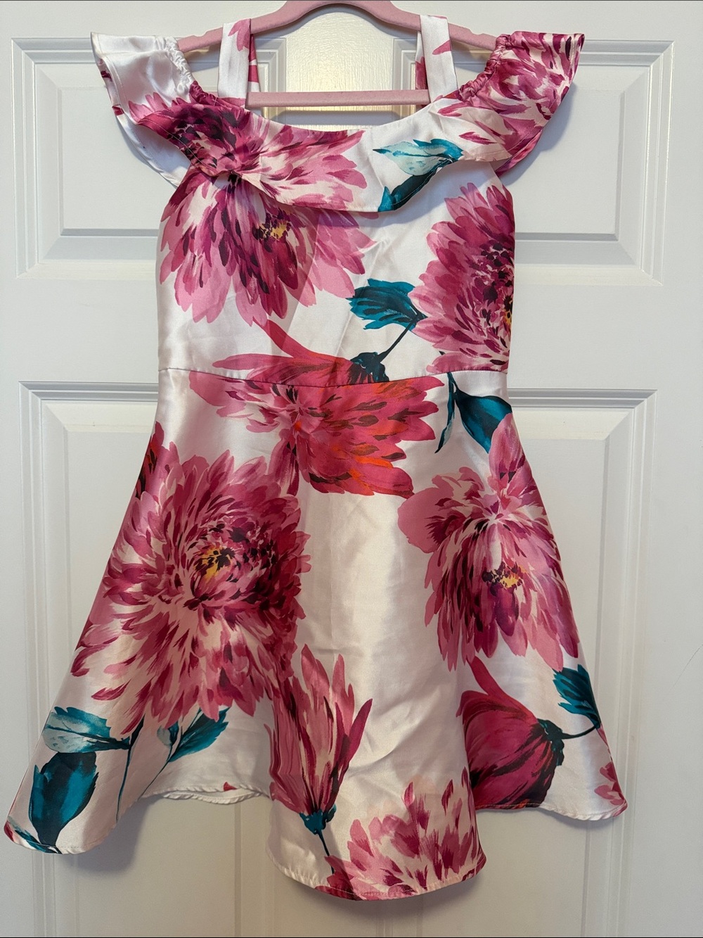 Floral Pattern Off-Shoulder Fit & Flare Girls Dress, Size 8